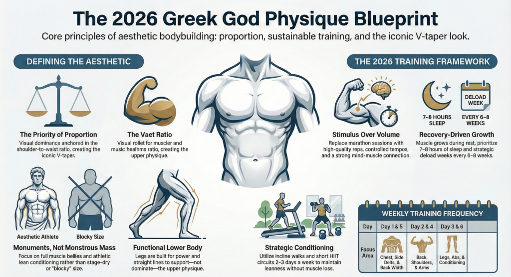 Infographic explaining the 2026 Greek God Physique blueprint, highlighting aesthetic proportions, V-taper ratio, shoulder-to-waist balance, smart training frequency, recovery-driven growth, functional legs, and strategic conditioning for a timeless physique.