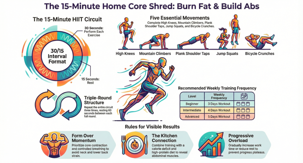Infographic showing a 15-minute cardio & abs workout with beginner to advanced progression
