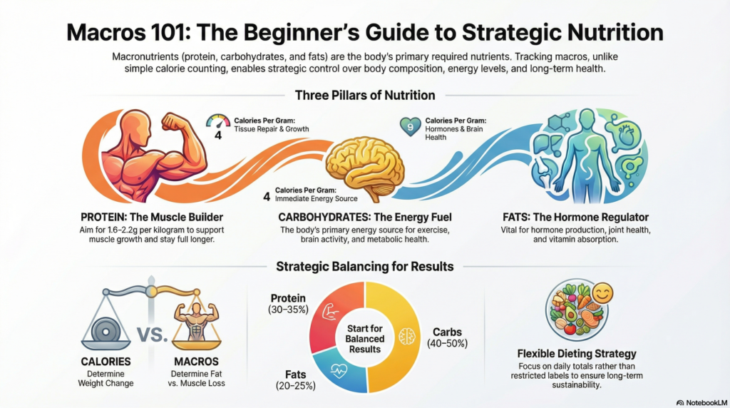 Beginner macronutrient infographic explaining protein carbs fats calories and balanced macro ratios