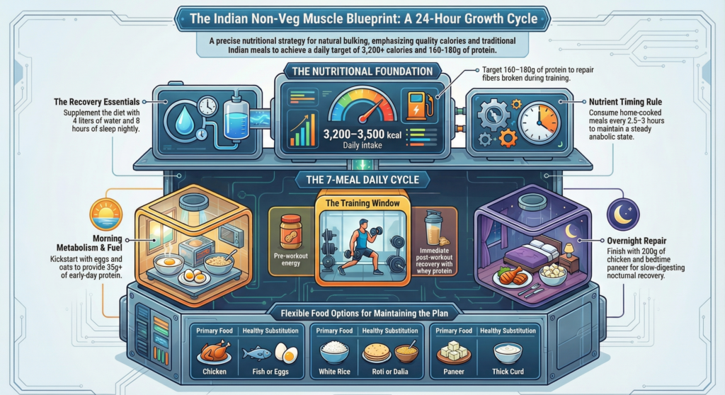Indian non-vegetarian bulking diet infographic showing 24-hour muscle growth cycle with meals, calories, protein, and recovery