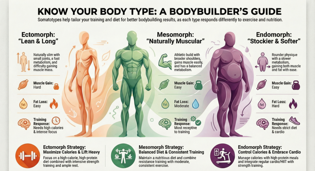 Infographic showing ectomorph, mesomorph, and endomorph body types with muscle gain, fat loss, and training strategies in bodybuilding
