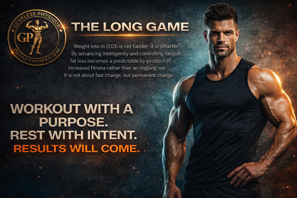 Motivational fitness image showing a muscular athlete with the Gearless Physique logo, emphasizing long-term fat loss through purposeful training, intentional recovery, and sustainable fitness habits.