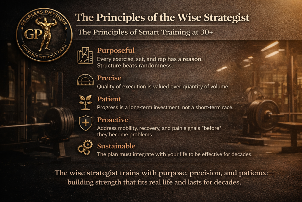 Visual breakdown of purposeful, precise, patient, proactive, and sustainable training principles for lifters over 30