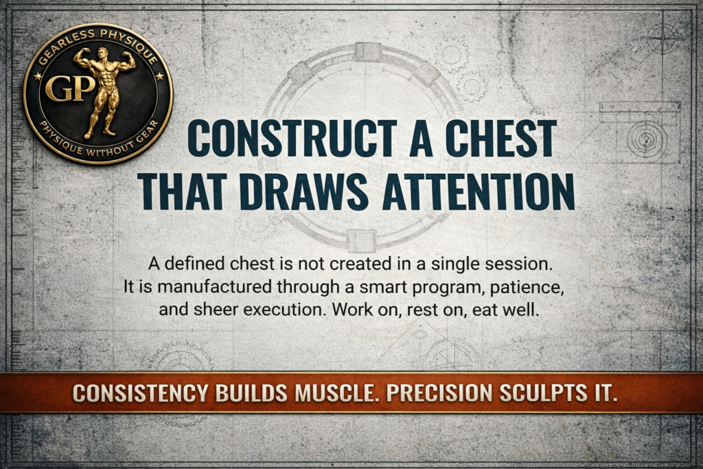 Motivational fitness poster with Gearless Physique logo and message about building a powerful chest through consistency, precision training, recovery, and nutrition.