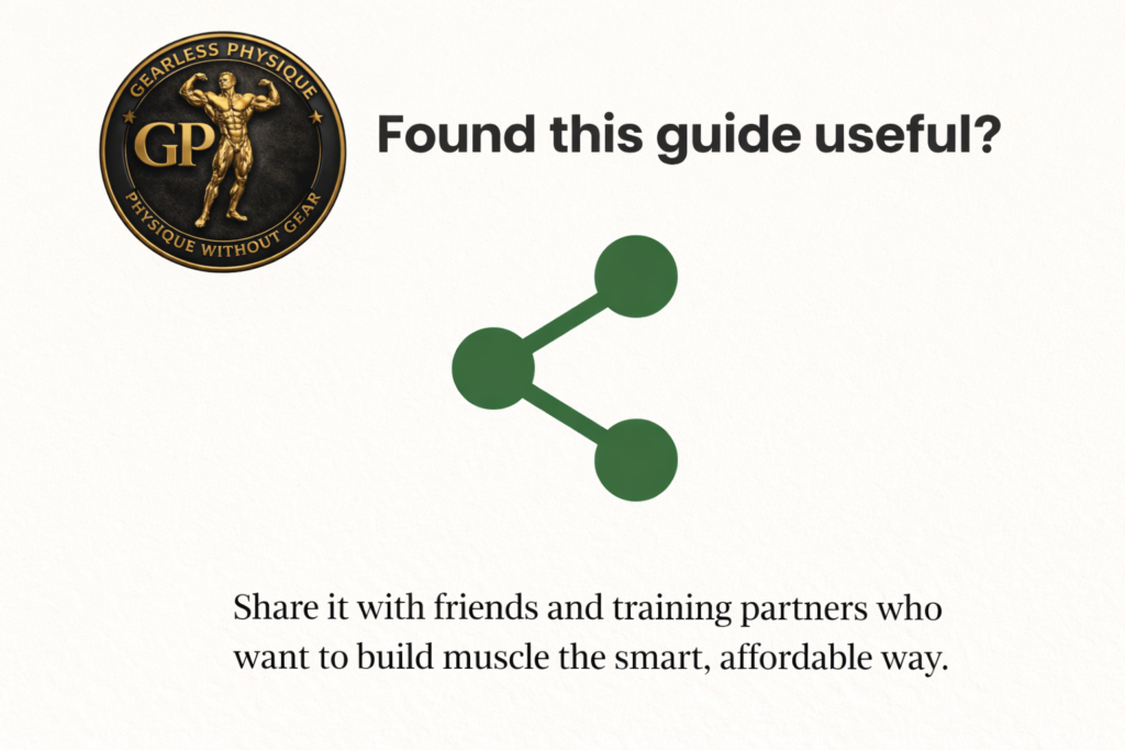 Gearless Physique logo with message encouraging readers to share an affordable muscle-building guide