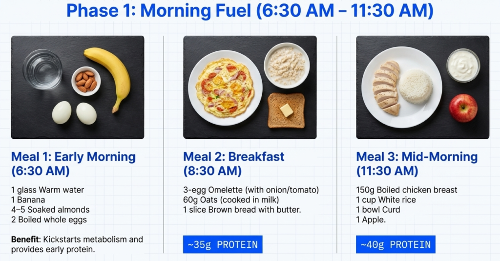 Indian non-vegetarian morning meals for bulking showing eggs, oats, chicken, rice, curd, and fruit