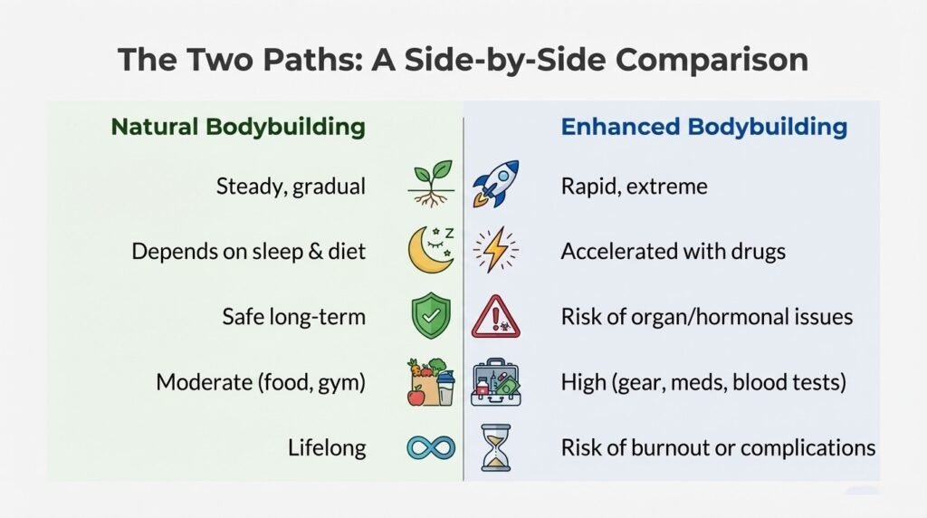 Side by side comparison of natural vs enhanced bodybuilding showing muscle growth, recovery, health risks, cost, and sustainability