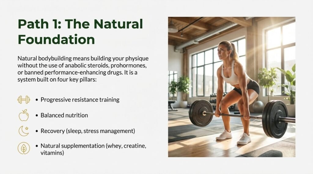 Natural bodybuilding foundation showing strength training, balanced nutrition, recovery, and natural supplements