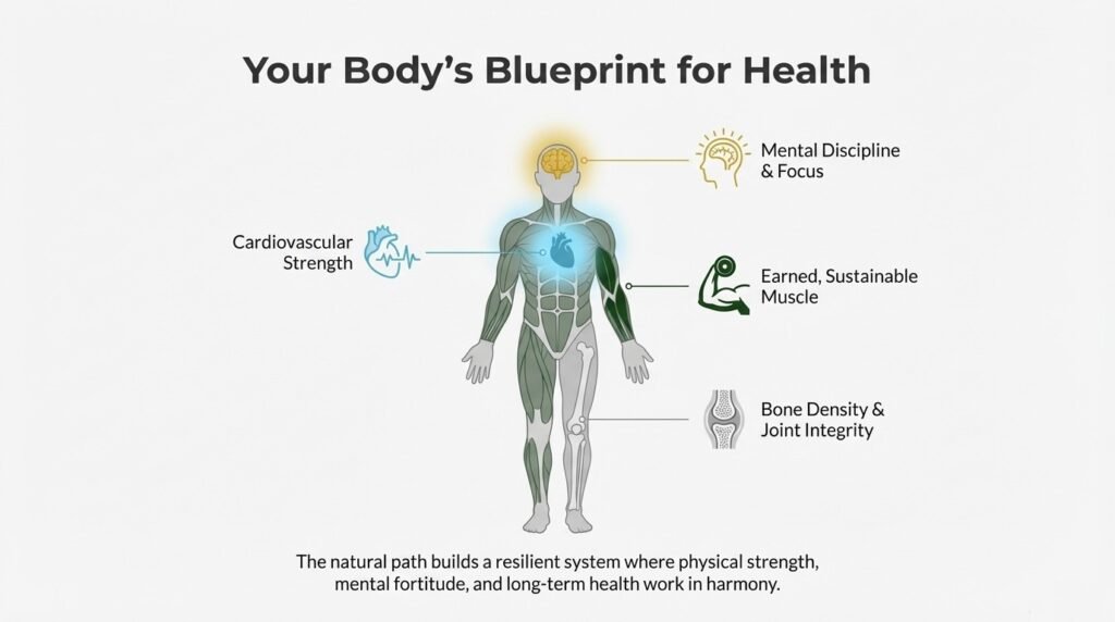 Natural bodybuilding health blueprint showing muscle, heart strength, bone density, and mental focus