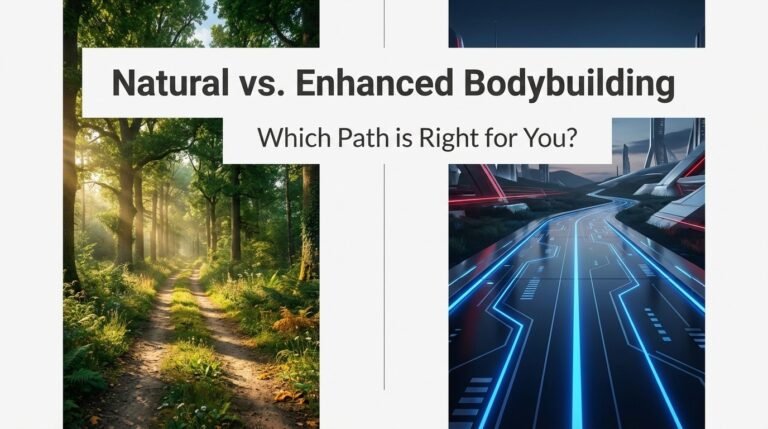 Natural vs enhanced bodybuilding paths symbolizing slow natural progress and fast enhanced results