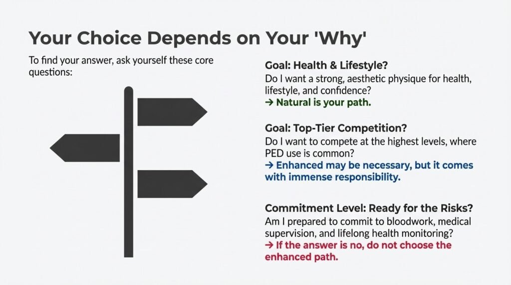 Choosing between natural and enhanced bodybuilding based on health goals, competition, and risk awareness