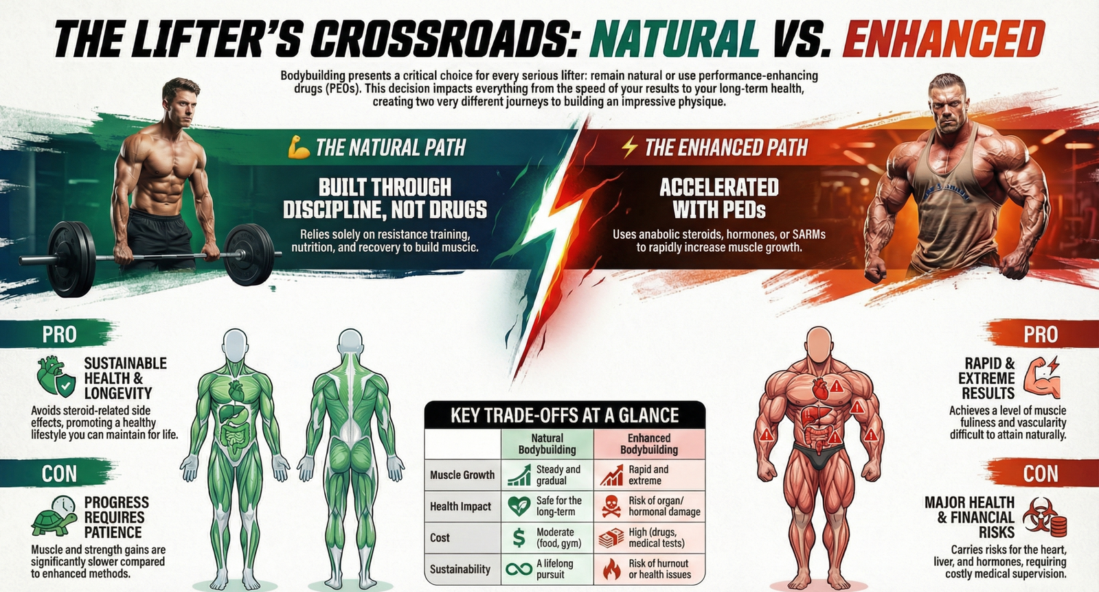 Natural vs enhanced bodybuilding infographic comparing muscle growth, recovery, health risks, cost, and long term sustainability