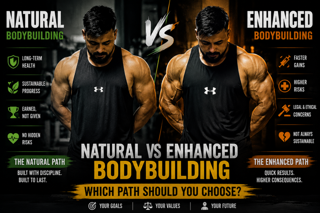 Cinematic comparison banner showing natural vs enhanced bodybuilding, highlighting differences in muscle growth, long-term health, recovery, strength gains, and the choice between sustainable natural bodybuilding and enhanced performance.