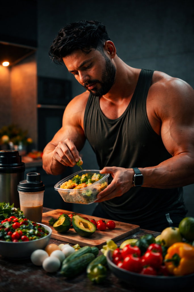 A man making a healthy diet and a whey protein