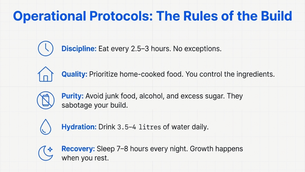 Rules for building muscle naturally showing disciplined eating, quality food, hydration, and proper sleep