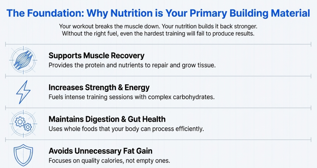 Importance of nutrition in muscle building showing recovery, energy, digestion, and fat control