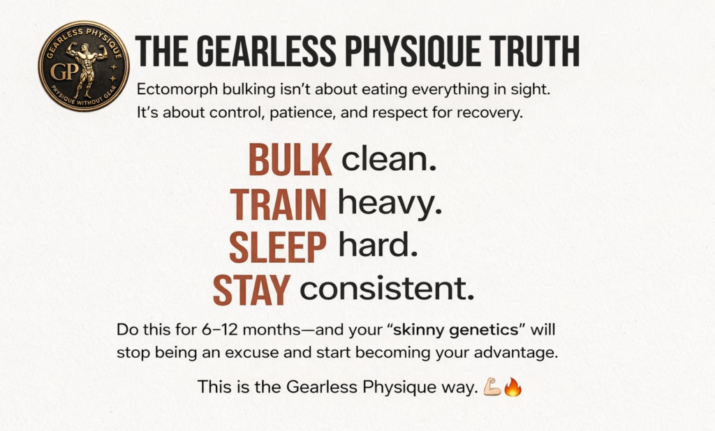 gearless physique logo with ectomorph bulking message bulk clean train heavy sleep hard stay consistent