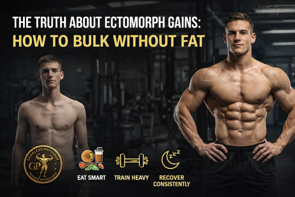 ectomorph transformation banner showing how to bulk without gaining fat naturally with training nutrition and recovery