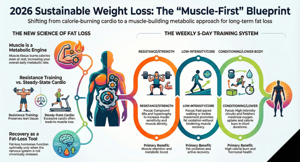 Infographic explaining the 2026 muscle-first weight loss blueprint, showing how resistance training, low-intensity cardio, conditioning workouts, and recovery work together for sustainable fat loss and metabolic health.