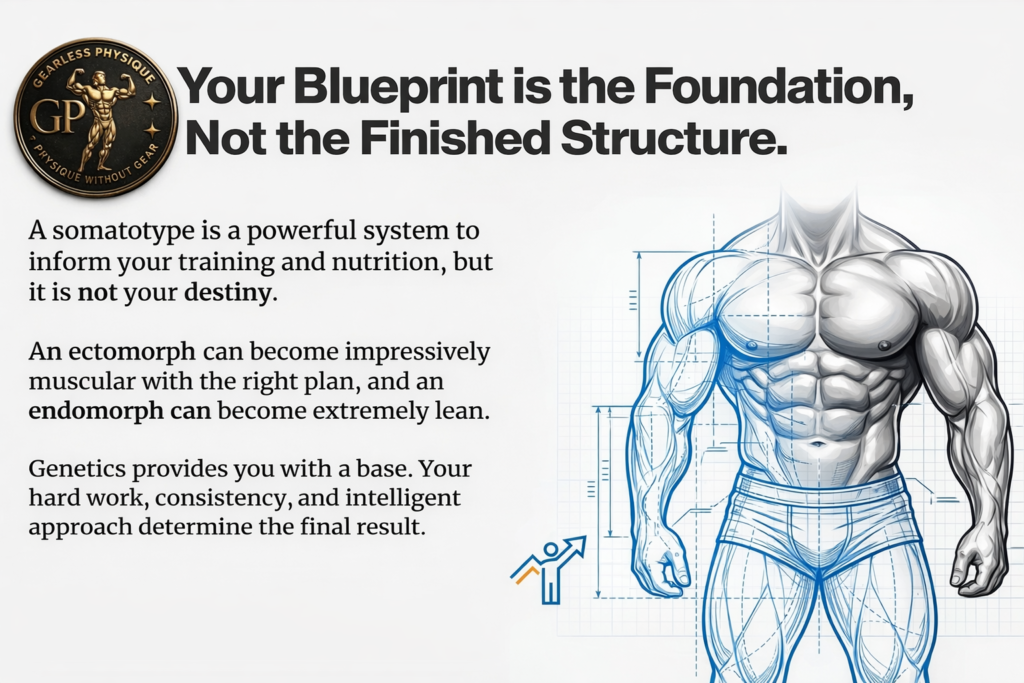 Illustration showing a muscular male physique blueprint with text explaining somatotypes as a foundation for bodybuilding progress and the Gearless Physique logo in the top left corner