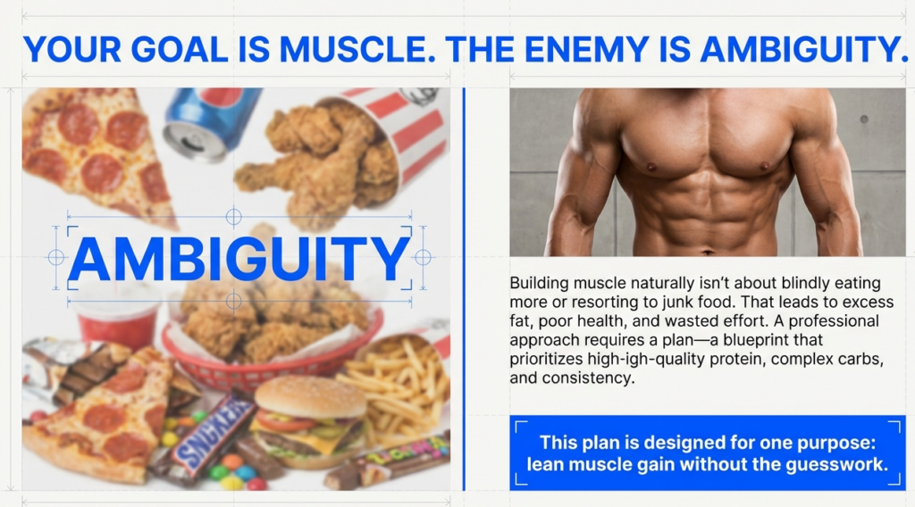 Natural bodybuilding diet comparison showing junk food ambiguity versus clean nutrition for lean muscle gain