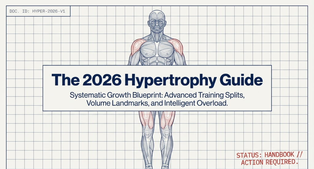 Cover illustration of the 2026 hypertrophy guide showing a full-body muscle anatomy diagram with emphasis on systematic training splits, volume landmarks, and intelligent overload for muscle growth.