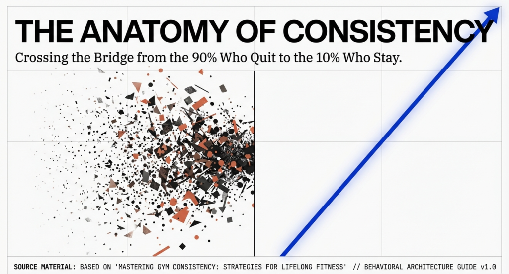 Conceptual fitness infographic titled “The Anatomy of Consistency,” showing chaos on one side and a clear upward path on the other, representing the transition from the 90 percent who quit the gym to the 10 percent who stay consistent.