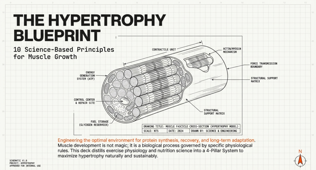 Technical infographic titled “The Hypertrophy Blueprint” showing a muscle fascicle cross-section diagram with labels for contractile units, ATP energy system, structural matrix, and protein synthesis environment.