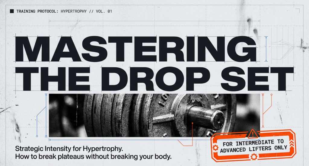 Cover slide showing Mastering the Drop Set headline with barbell weight plates and note for intermediate to advanced lifters.