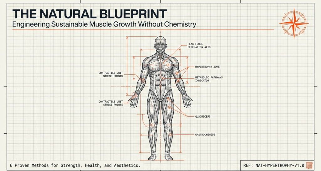Infographic showing a scientific blueprint of natural muscle growth with anatomical muscle diagram and training markers for hypertrophy and strength development.