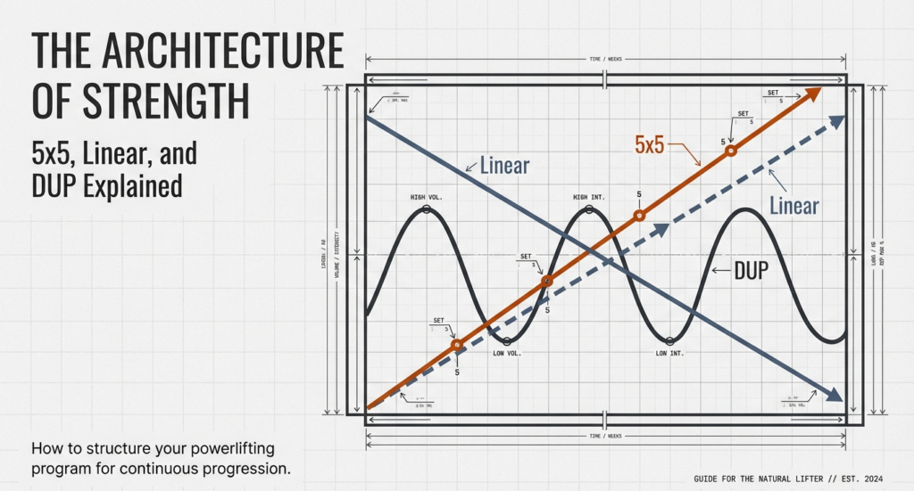 Infographic comparing 5x5, Linear Periodization, and DUP models showing differences in volume, intensity, and progression patterns.