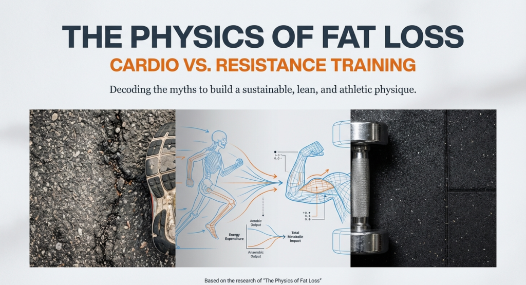 Infographic titled “The Physics of Fat Loss” comparing cardio and resistance training with visuals of a running shoe, anatomical runner illustration, and dumbbell to explain sustainable fat loss. fat loss facts, cardio vs weights, calorie deficit diet.