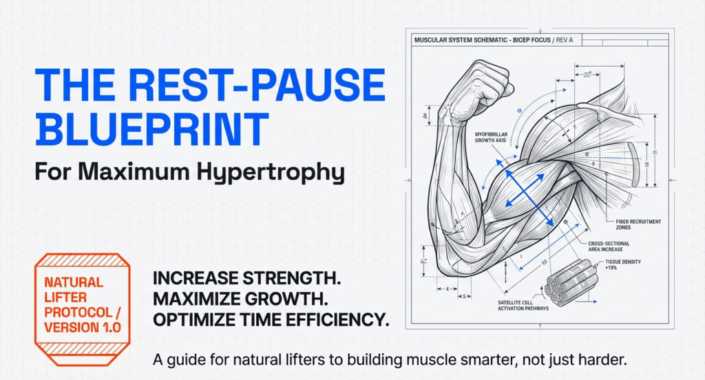 Cover graphic of rest-pause training blueprint for natural lifters focused on strength, muscle growth, and time efficiency.