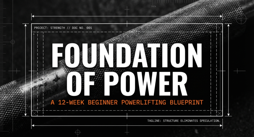 Cover image showing a barbell close-up with the text “Foundation of Power” representing a 12-week beginner powerlifting training blueprint.
