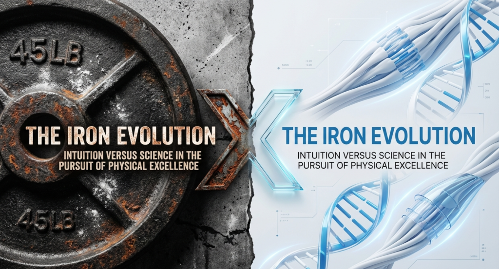 Split design showing a 45lb iron weight plate on one side and a modern DNA structure on the other, representing old school intuition versus modern sport science.