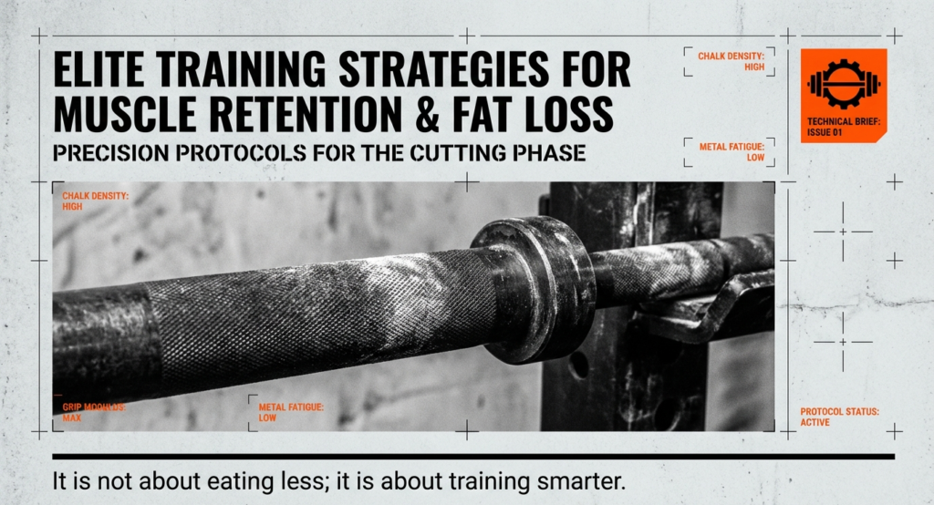 Infographic showing elite training strategies for cutting phase focused on muscle retention and fat loss with barbell close-up and precision protocol design elements.