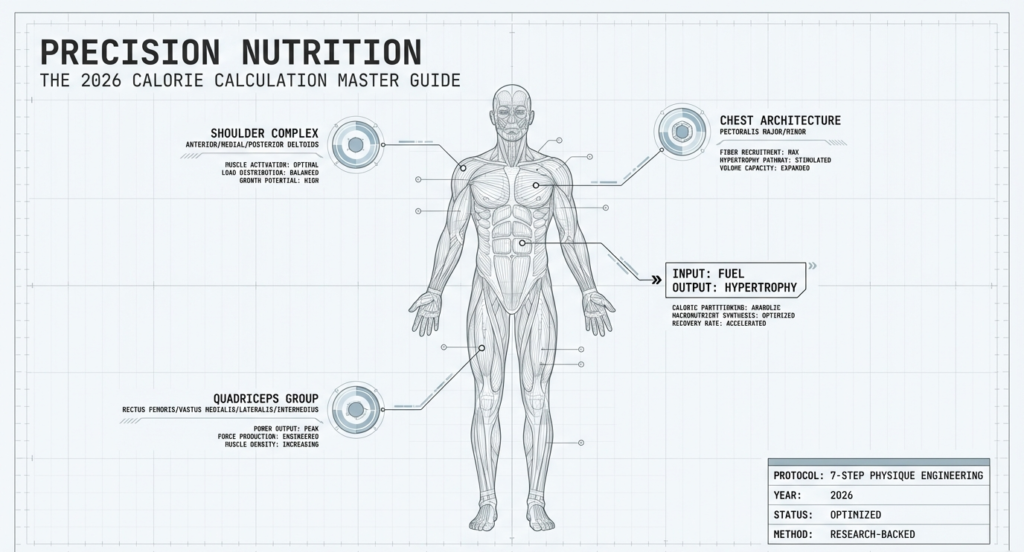 Anatomical schematic infographic showing a muscular human figure with labeled muscle groups and a precision nutrition framework focused on hypertrophy and calorie optimization.