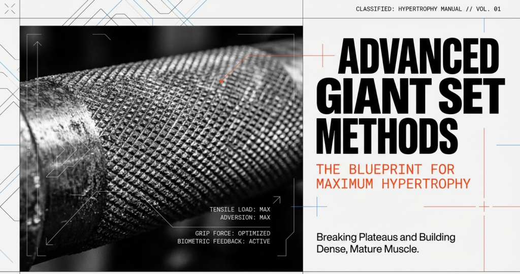 Close-up barbell knurling with modern tactical design and headline “Advanced Giant Set Methods – The Blueprint for Maximum Hypertrophy.”