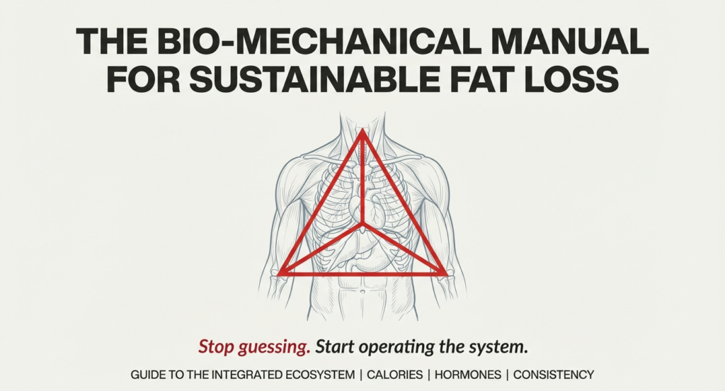 Bio-mechanical illustration explaining sustainable fat loss through calories, hormones, and consistency using a human anatomy framework.