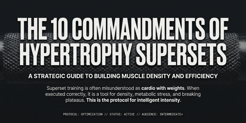 Cover image explaining the 10 commandments of hypertrophy supersets and a strategic guide to building muscle density and training efficiency.
