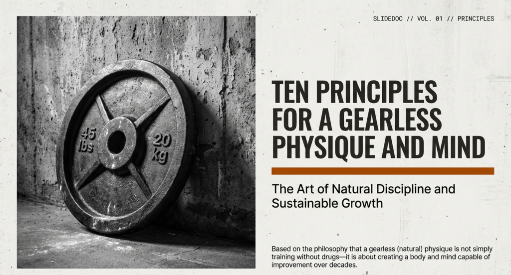 Black and white gym weight plate image representing ten discipline principles for building a natural gearless physique and strong mindset.