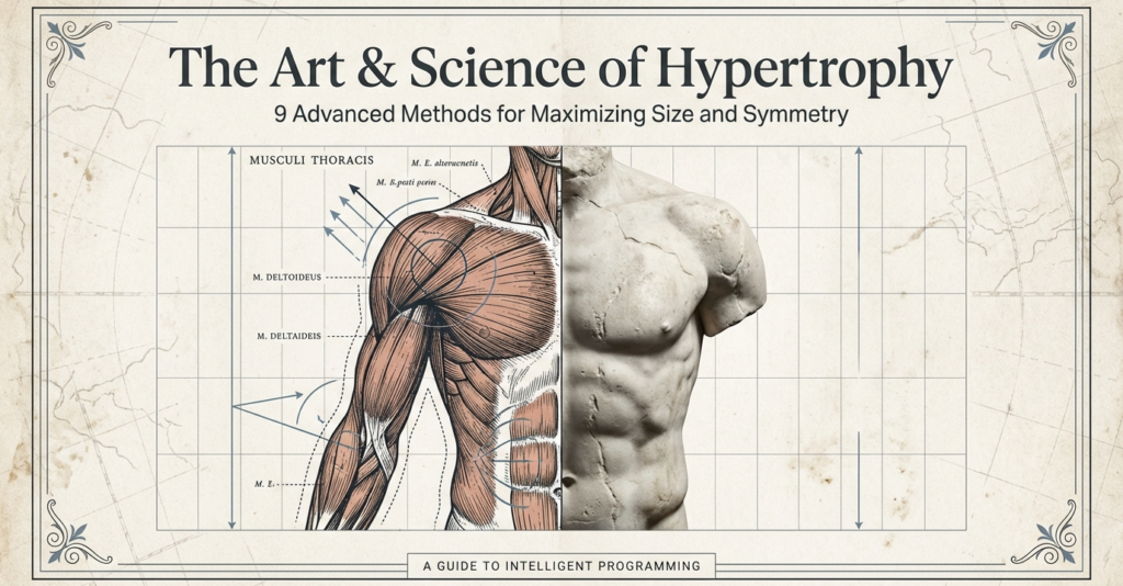 Illustration showing the fusion of anatomy science and physique aesthetics, explaining advanced hypertrophy methods for muscle size and symmetry.