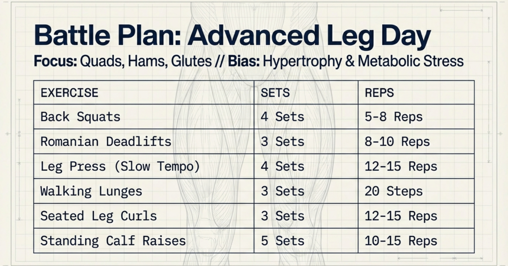 Advanced leg day workout plan featuring squats, Romanian deadlifts, leg press, lunges, curls, and calf raises designed for hypertrophy and metabolic stress.
