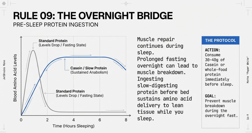 Infographic showing casein or slow-digesting protein sustaining amino acid levels overnight, compared to standard protein that drops during fasting, recommending 30–40g before sleep.