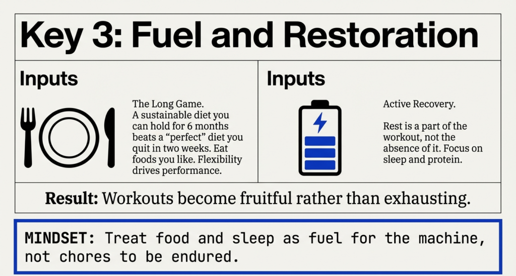 Fitness infographic emphasizing sustainable nutrition, adequate sleep, and active recovery as essential inputs for long-term gym success.