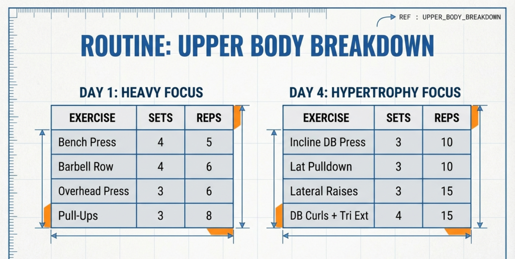 Workout chart listing upper body heavy day exercises and hypertrophy day exercises with sets and reps.
