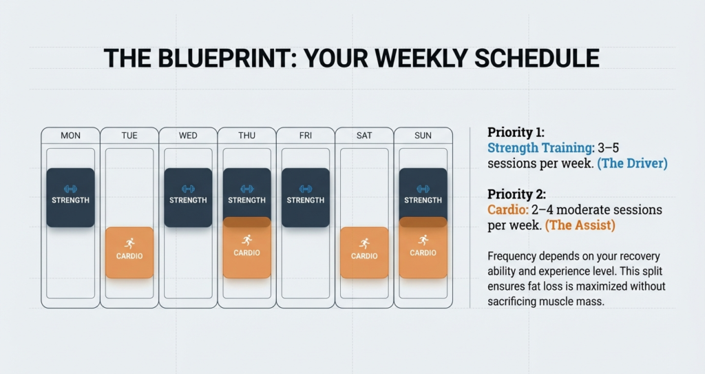 Weekly workout planner showing 3–5 strength sessions and 2–4 cardio sessions for optimal fat loss and muscle retention.