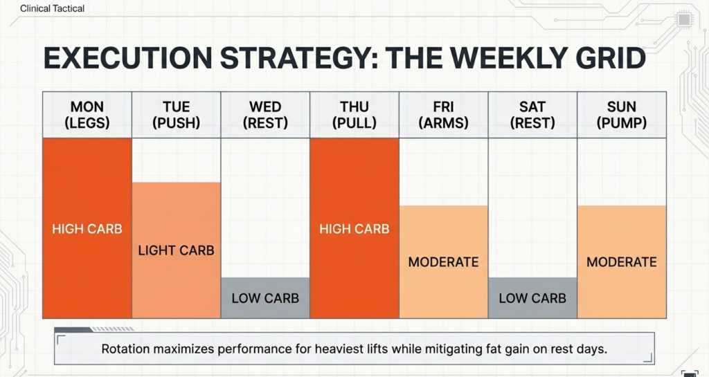 Weekly training split chart showing high carb on heavy leg and pull days, moderate on accessory days, and low carb on rest days.