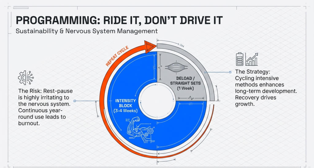 Circular programming diagram showing 3–4 week intensity blocks followed by deload or straight sets to prevent nervous system burnout.