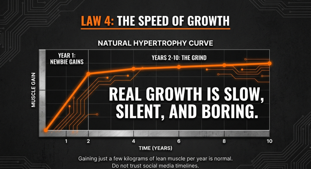 Graph showing rapid newbie gains in year one followed by slow muscle growth over 10 years labeled natural hypertrophy curve.